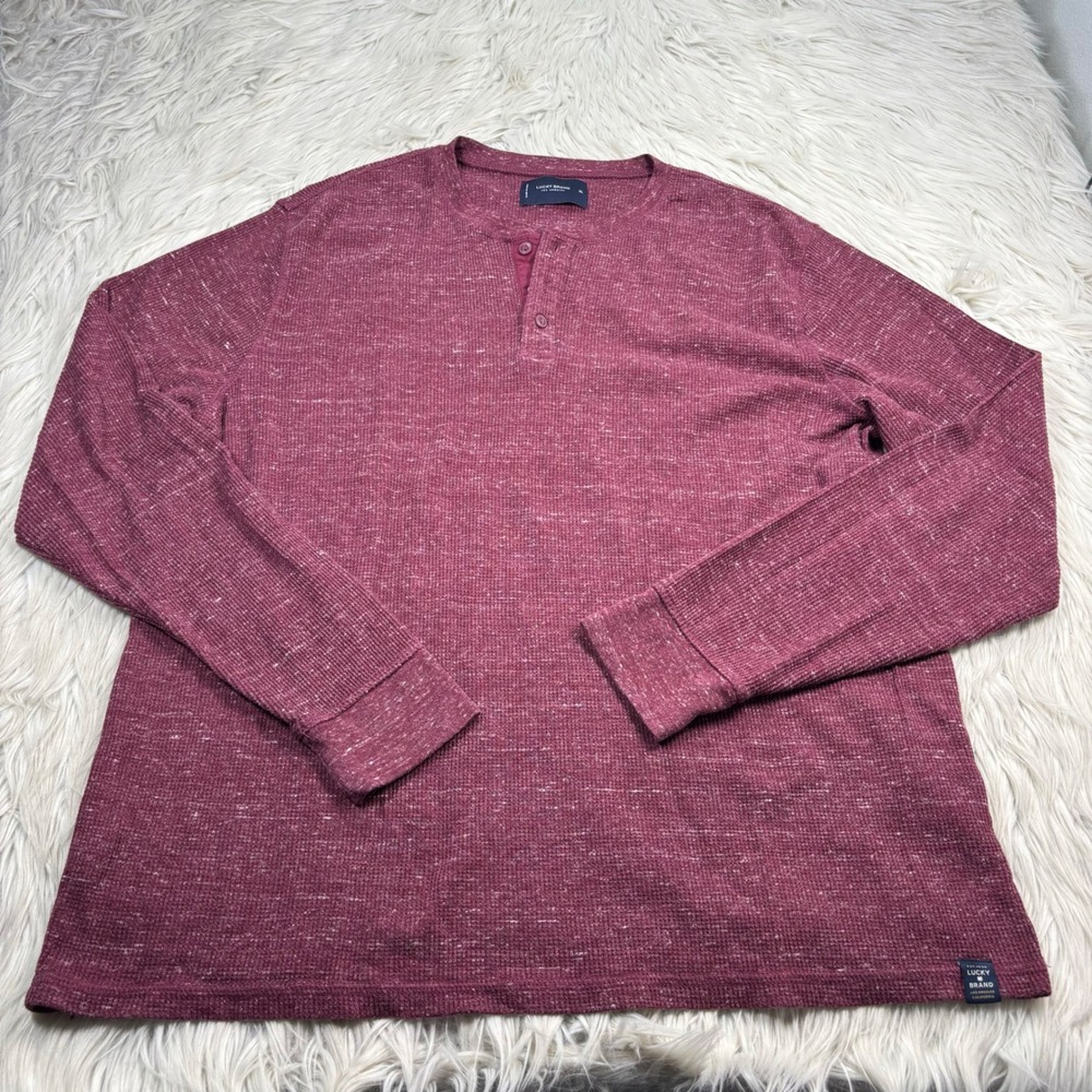 Lucky Brand Men's XL Speckled Red Waffle Knit Henley Top Preppy Classic